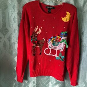 Red Christmas Sweater with Reindeer and Sleigh